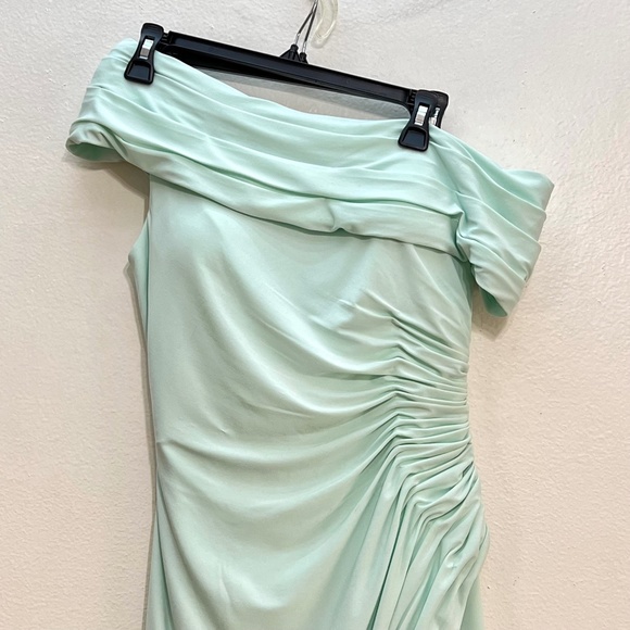 Mac Duggal Ieena 26484 Ruched Off the Shoulder Midi Dress - Picture 3 of 10